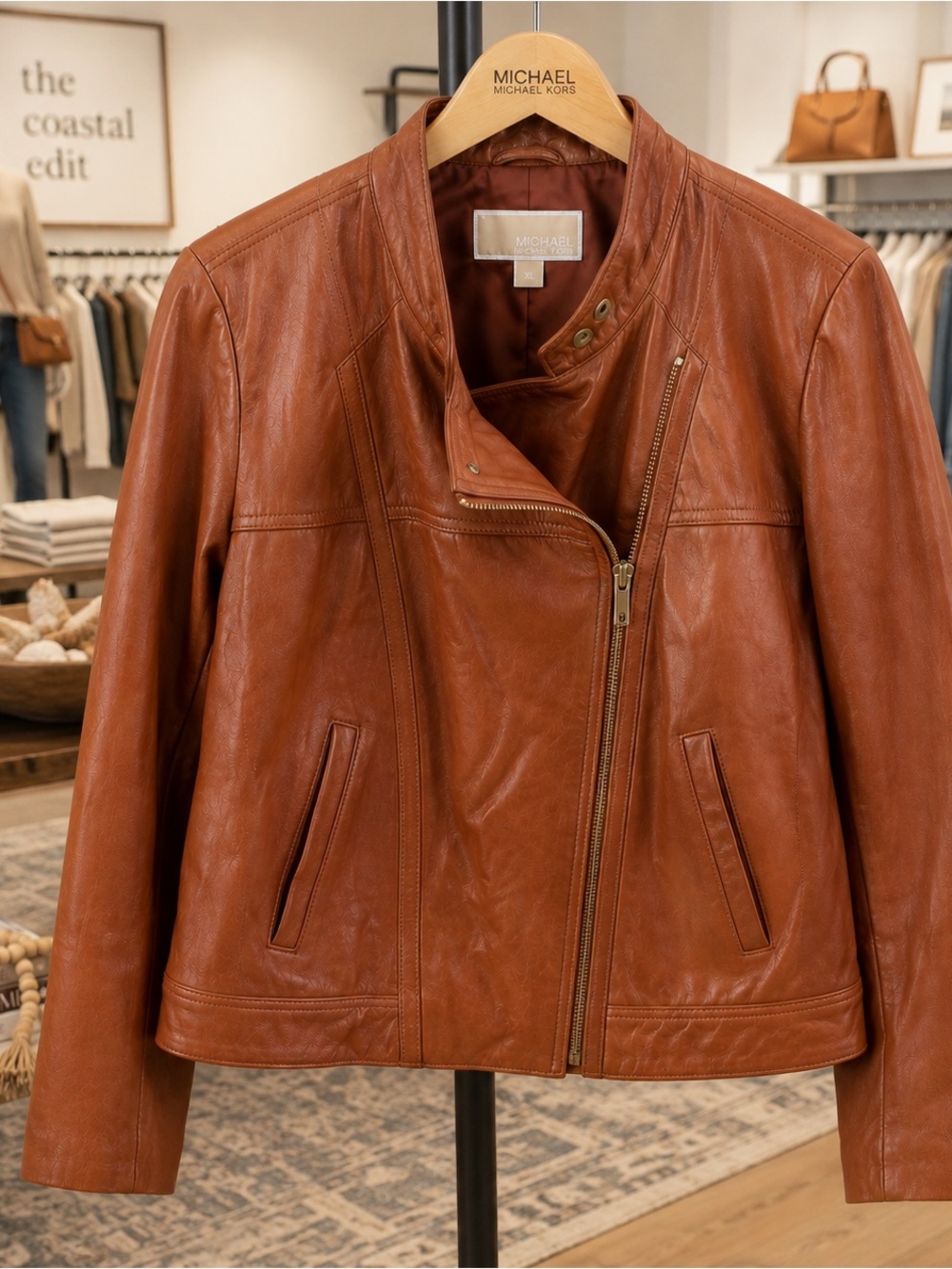 MICHAEL Michael Kors Lamb Leather Moto Jacket Brown XL